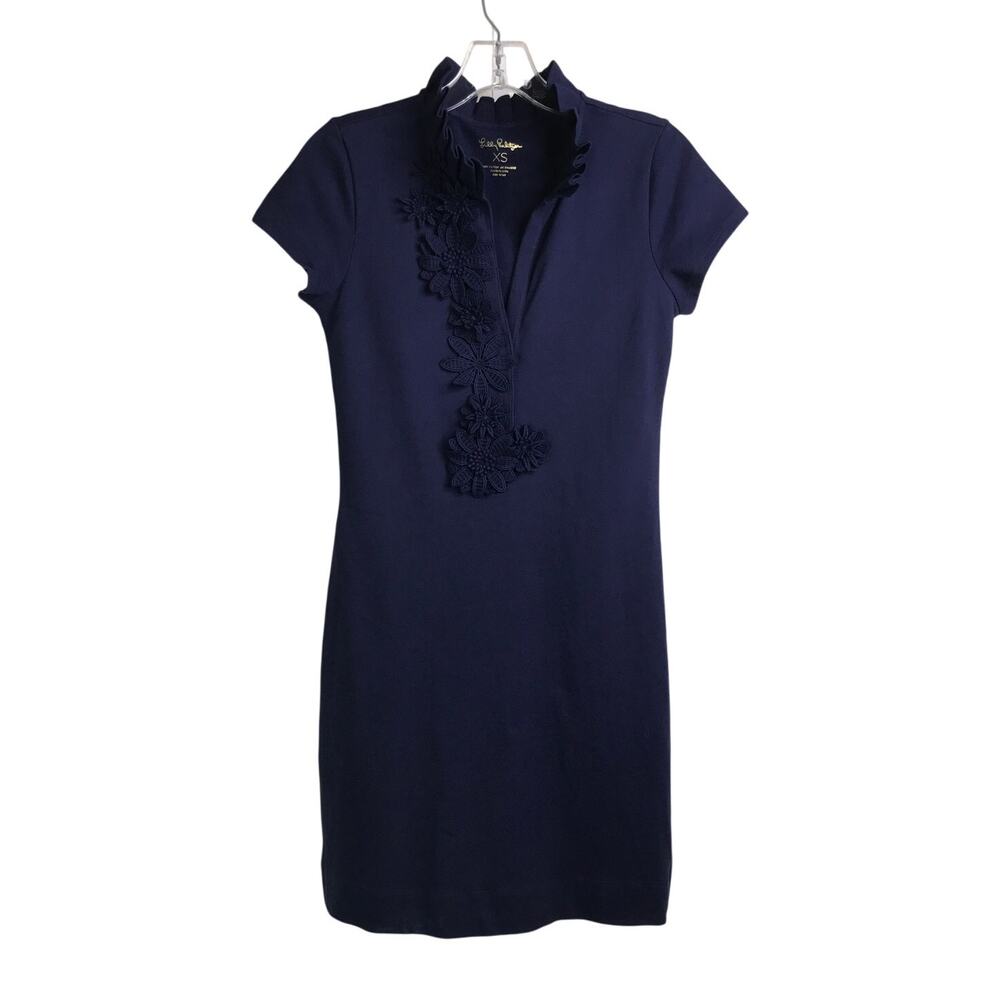 Lilly Pulitzer Dress Wmns XS Navy Blue Ruffle V-Neck Embroidered‎ Short Sleeve